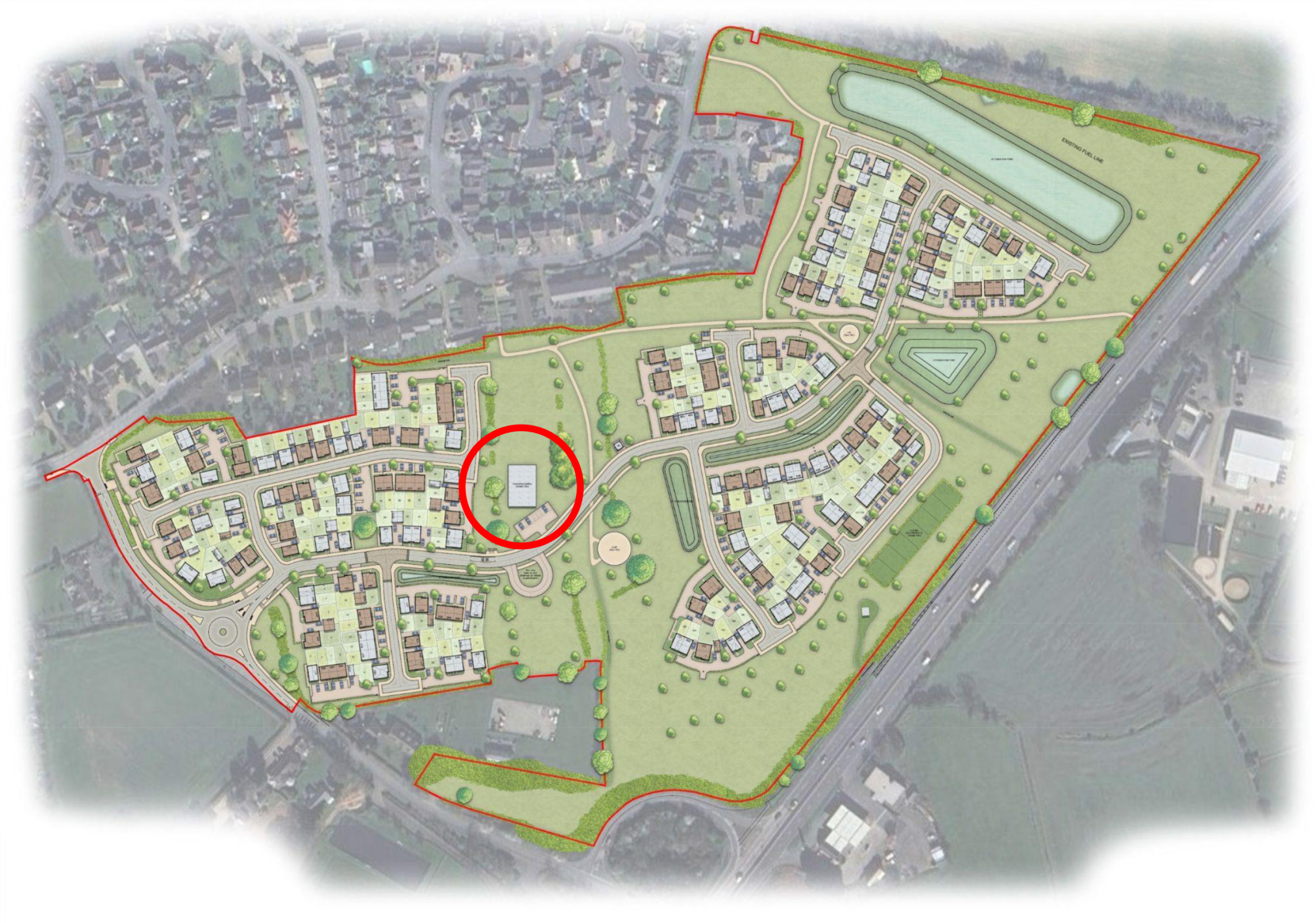 The site for the proposed community asset is located centrally within the proposed development, circled in red on the above plan